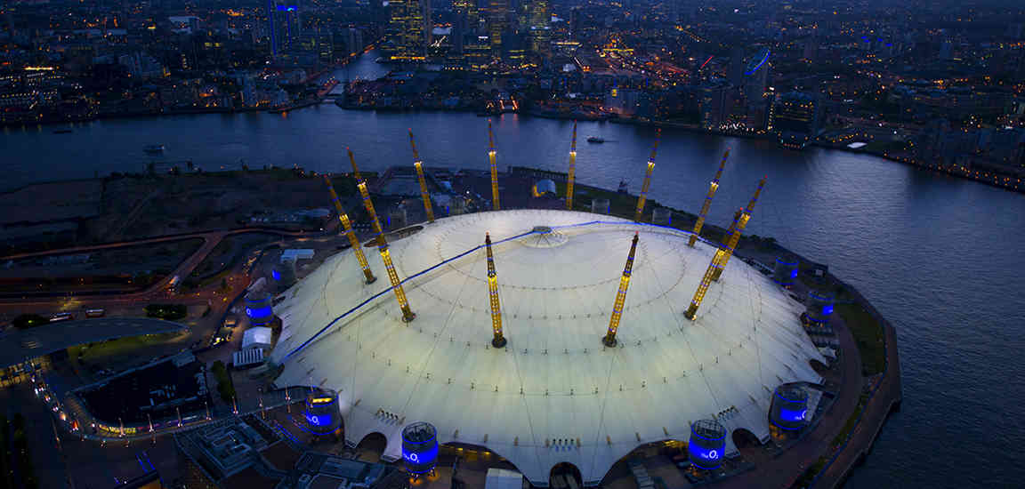 O2 Image of the O2 arena in twilight with the river thames behind it.