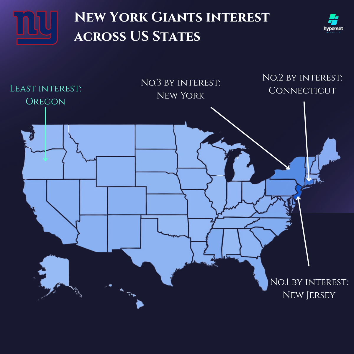 Map of the USA with various colour intensities and data