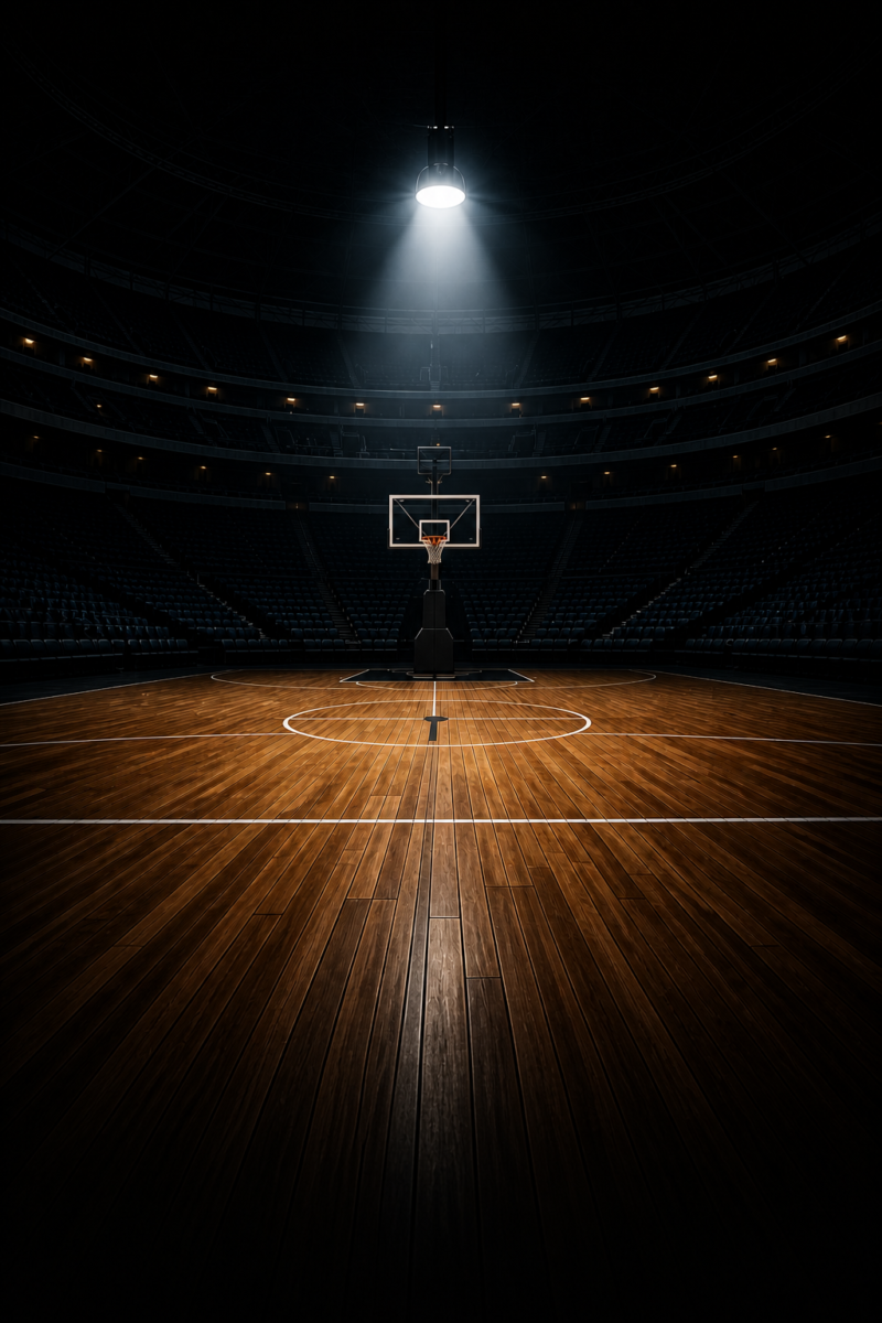 Dimly lit basketball court