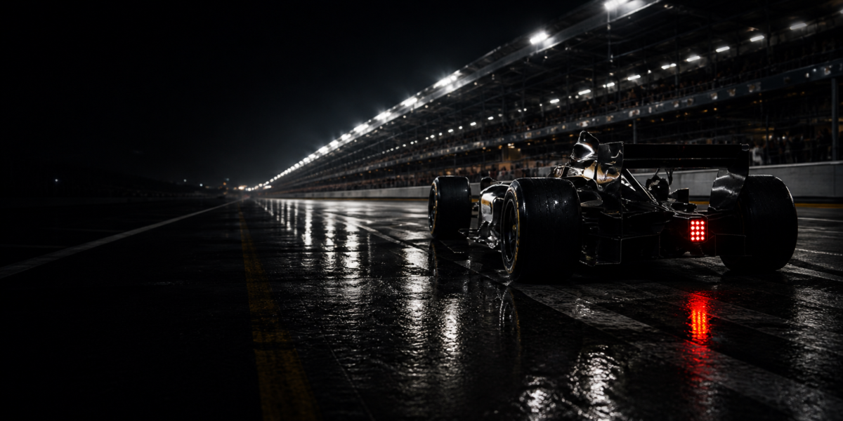 F1 car in rain soaked pit lane